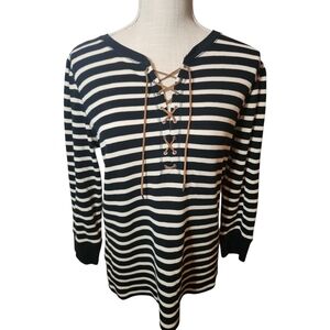 Ralph Lauren Blue Label Black and White Striped Suede Lace-Up Shirt